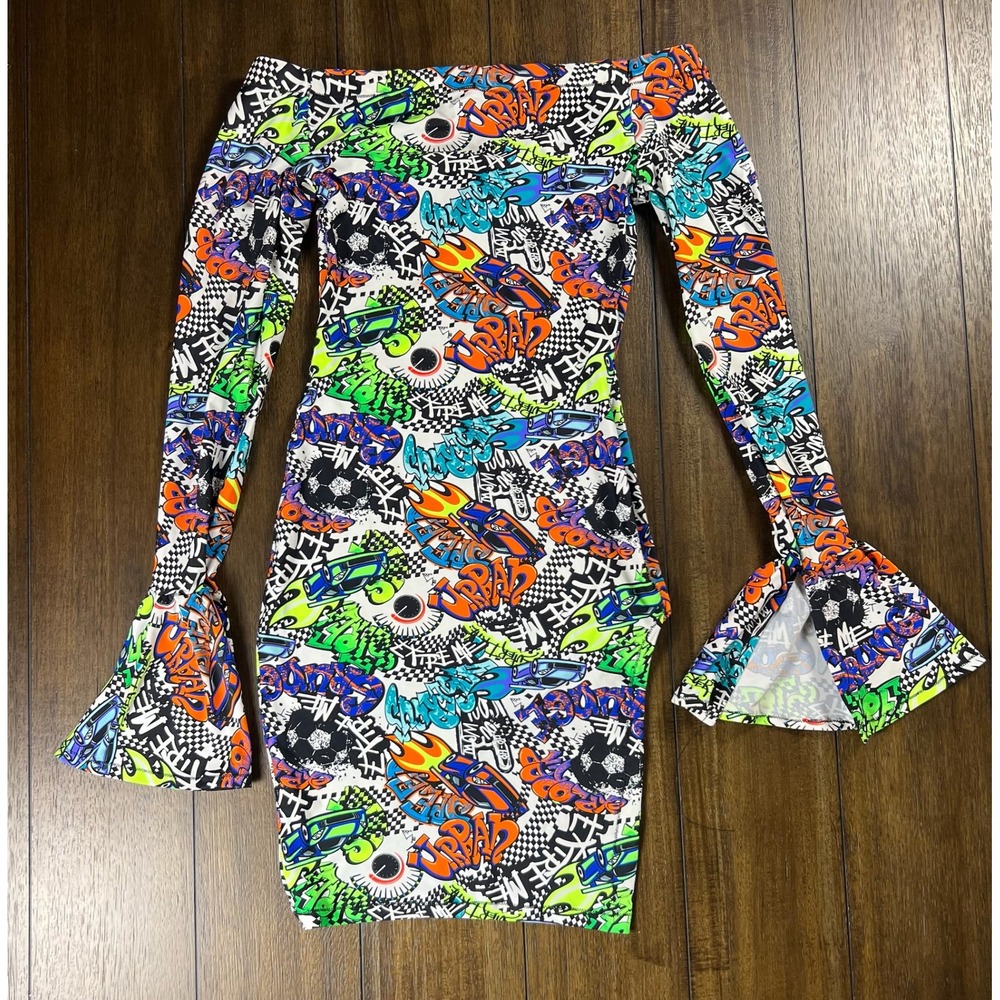 Graffiti Print Off Shoulder Bell Sleeve Asymmetrical Mini Dress Multicolor